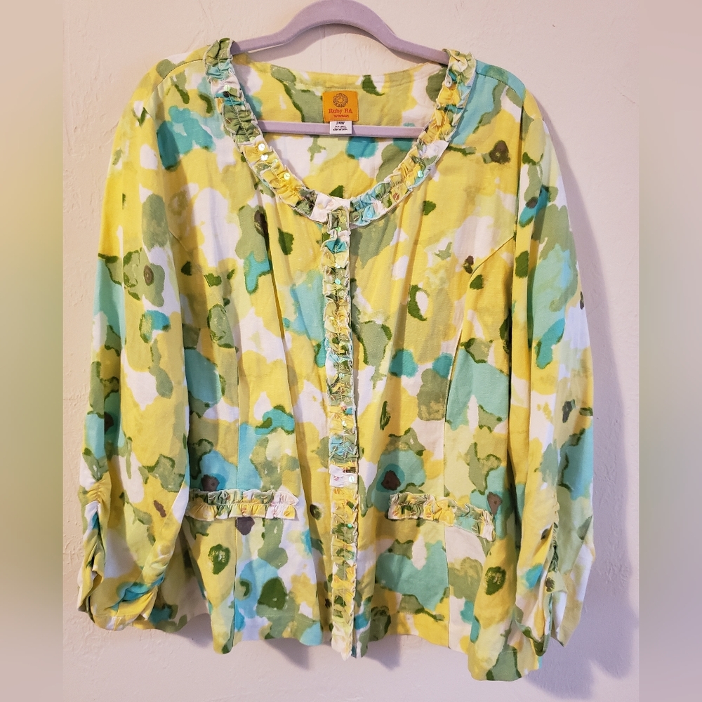 Ruby Rd. Woman linen blend blouse/jacket in yellow and aqua. Plus size 24.